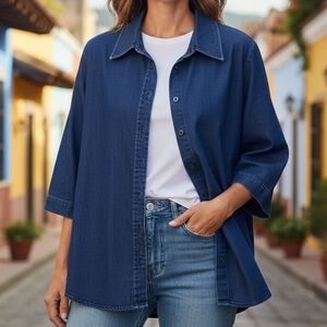 Marks & Spencer Denim Shirt/Jacket XL Stretchy button up 3/4 sleeve. Navy blue.